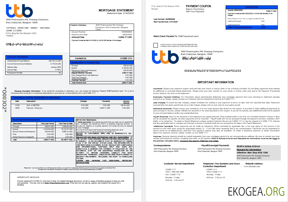 Thaïlande TMBThanachart Bank Relevé hypothécaire aux formats Word et PDF 1 , 2